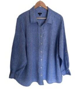 Talbots Blue Linen Pintuck Button Up Shirt 3X